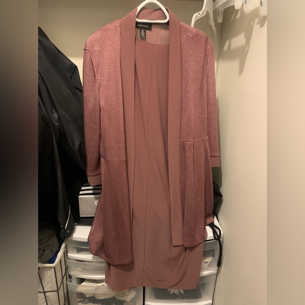 R&M Richards two piece blush pink dress and sweater set with necklace